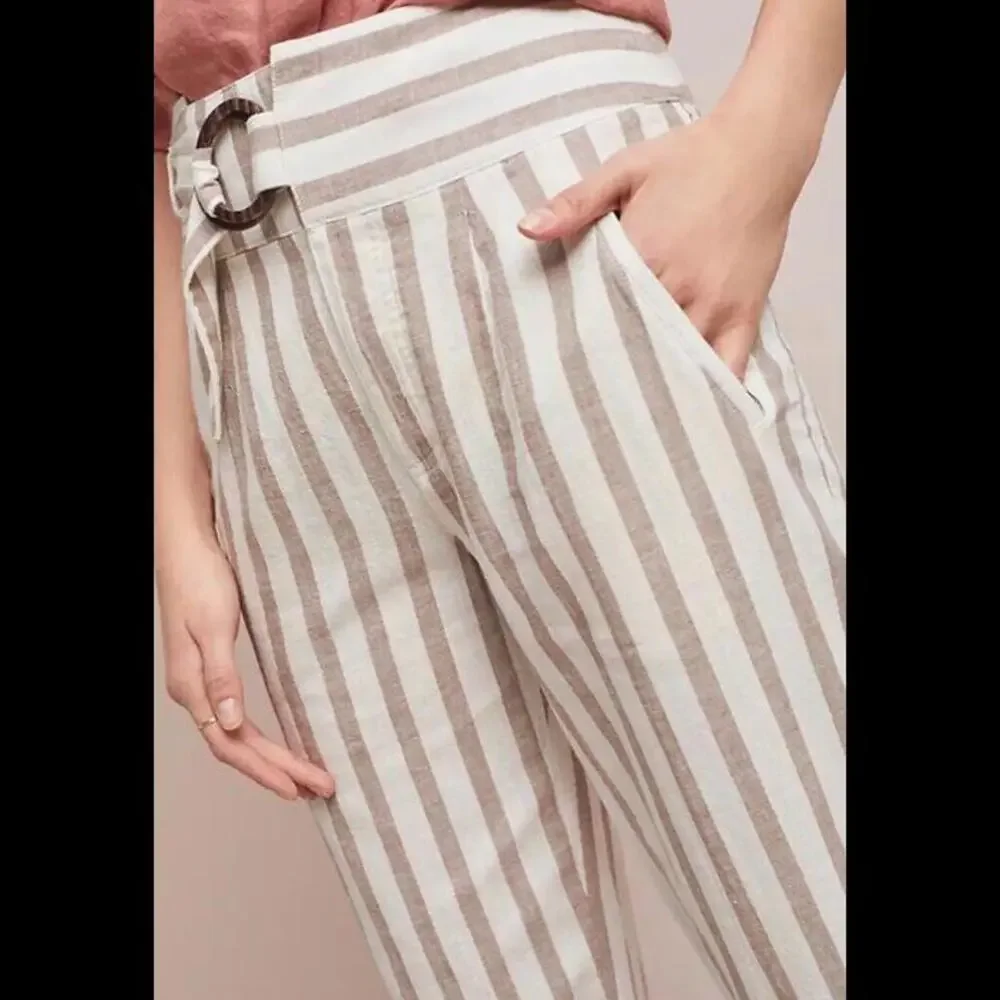 By‎ Anthropologie Oasis Brown Striped Linen Blend Ankle Pants Womens Size 8